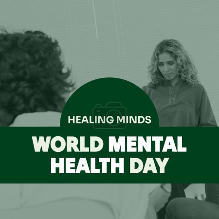 Photo for Composite of world mental health day text over depressed caucasian woman. Mental health awareness, depression and support concept digitally generated image. - Royalty Free Image
