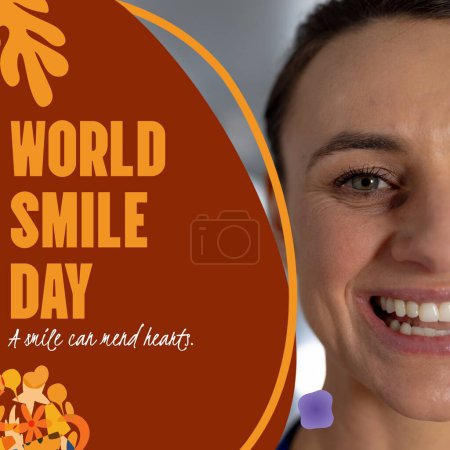 Téléchargez les photos : Composite du monde sourire jour texte et femme caucasienne souriant sur motif sur fond brun. Sourire, bonheur et expression faciale concept image générée numériquement. - en image libre de droit