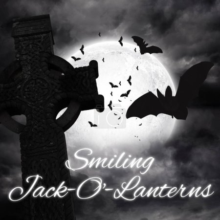 Photo for Composite of smiling jack o lantern text and bats with full moon on dark background. Halloween, tradition and celebration concept digitally generated image. - Royalty Free Image