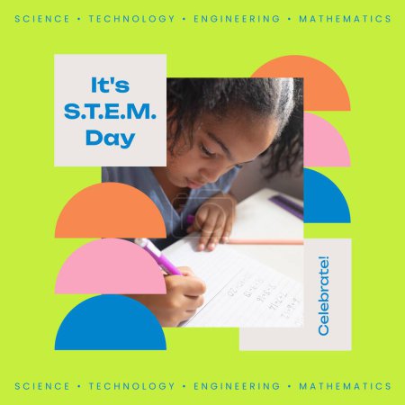 Photo for Composite of stem text over biracial schoolgirl writing on green background. Science, technology, engineering, mathematics stem day and learning concept digitally generated image. - Royalty Free Image