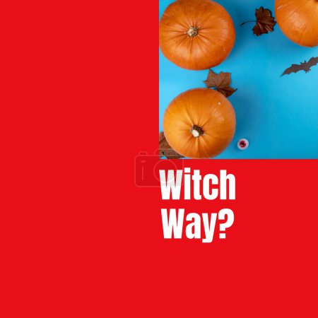 Photo for Composite of witch way text and halloween pumpkins on red background. Halloween, tradition and celebration concept digitally generated image. - Royalty Free Image