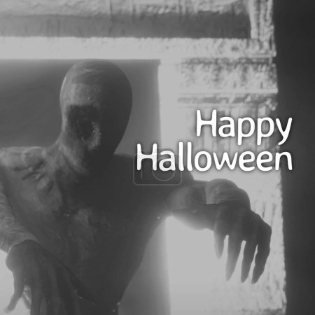 Foto de Compuesto de texto de halloween feliz y fondo fantasma de halloween. Halloween, tradición y concepto de celebración imagen generada digitalmente. - Imagen libre de derechos