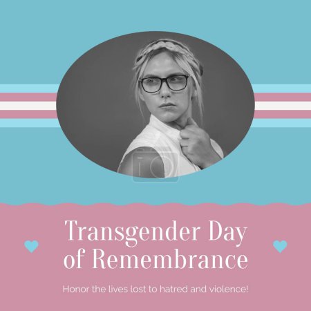Téléchargez les photos : Composite of transgender day of remembrance text over caucasian transgender man. Journée transgenre du souvenir, des droits de l'homme et de l'égalité concept image générée numériquement. - en image libre de droit