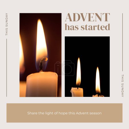 Photo for Composite of advent has started text and lit candles on dark background. Religion, christianity, faith, advent, tradition and celebration concept digitally generated image. - Royalty Free Image