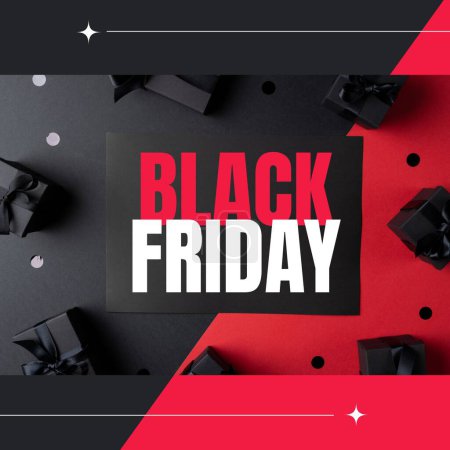 Photo for Composite of black friday text and gifts on red and black background. Black friday, online shopping, cyber sales and retail concept digitally generated image. - Royalty Free Image