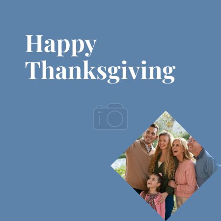 Photo for Happy thanksgiving text on blue with happy caucasian family taking selfie. Thanksgiving, harvest festival, american tradition, family and autumn celebration digitally generated image. - Royalty Free Image