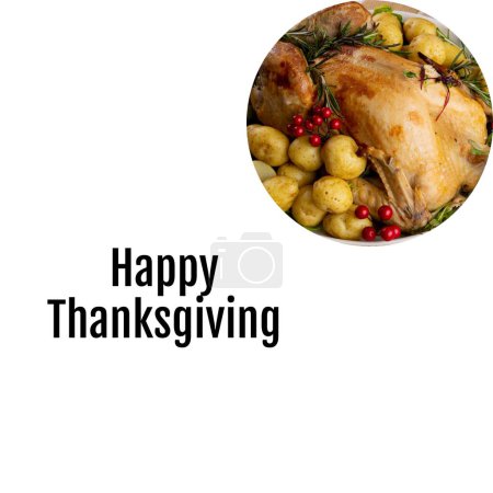 Photo for Happy thanksgiving text on white with thanksgiving roast turkey and potatoes. Thanksgiving, harvest festival, american tradition, family and autumn celebration digitally generated image. - Royalty Free Image