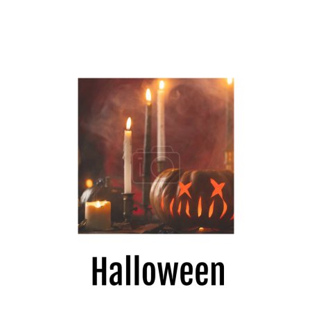 Téléchargez les photos : Composite de texte d'Halloween et de citrouille d'Halloween et de bougies sur fond orange. Halloween, concept de tradition et de célébration image générée numériquement. - en image libre de droit