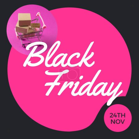Photo for Composite of black friday text shopping trolley and gift on pink and black background. Black friday, online shopping, cyber sales and retail concept digitally generated image. - Royalty Free Image