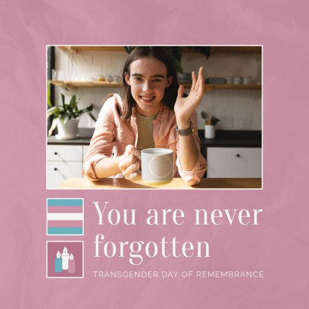 Téléchargez les photos : Un texte composé de vous n'est jamais oublié sur une femme trans caucasienne non binaire. Journée transgenre du souvenir, des droits de l'homme et de l'égalité concept image générée numériquement. - en image libre de droit