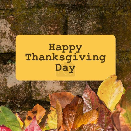 Photo for Happy thanksgiving day text on yellow with autumn leaves. Thanksgiving, harvest festival, american tradition and autumn celebration digitally generated image. - Royalty Free Image