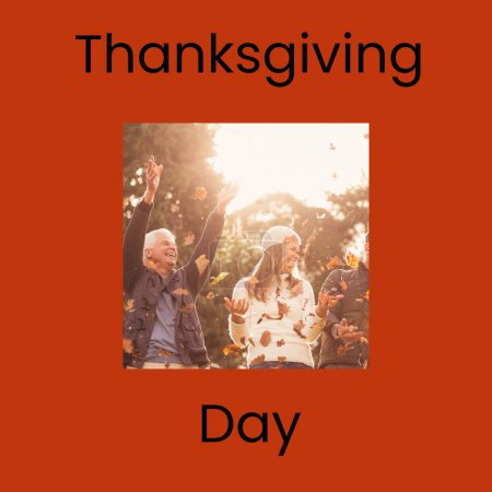 Photo for Thanksgiving day text on red with happy caucasian friends throwing autumn leaves. Thanksgiving, harvest festival, american tradition and autumn celebration digitally generated image. - Royalty Free Image