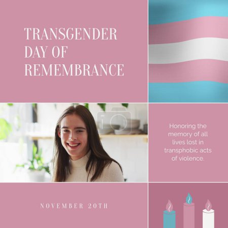 Téléchargez les photos : Composite of transgender day of remembrance text over caucasian non-binary trans woman. Journée transgenre du souvenir, des droits de l'homme et de l'égalité concept image générée numériquement. - en image libre de droit