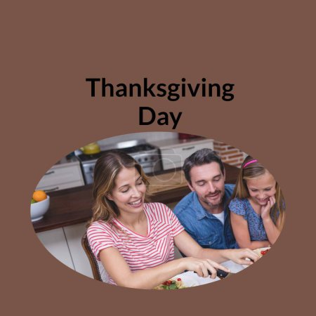 Photo for Thanksgiving day text on brown with happy caucasian parents and daughter at dinner table. Thanksgiving, harvest festival, american tradition, family and autumn celebration digitally generated image. - Royalty Free Image
