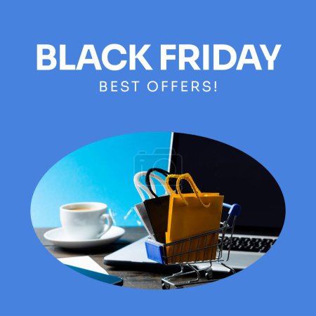 Photo for Black friday, best offers text with shopping nags in trolley and laptop on blue background. Retail shopping and business sale promotion concept digitally generated image. - Royalty Free Image