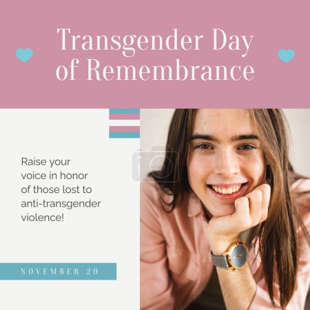 Téléchargez les photos : Composite of transgender day of remembrance text over caucasian non-binary trans woman. Journée transgenre du souvenir, des droits de l'homme et de l'égalité concept image générée numériquement. - en image libre de droit