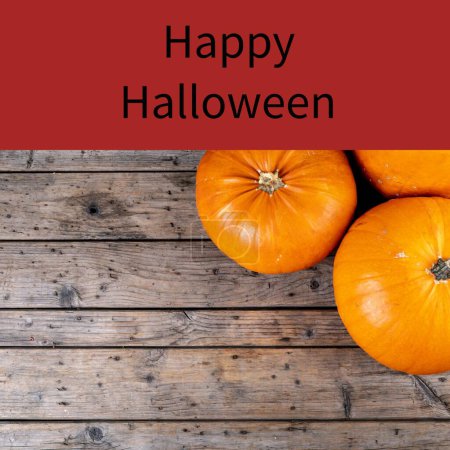 Photo for Happy halloween text on red with orange pumpkins on wooden boards. Halloween, october 31st, all hallows' eve, tradition and celebration, digitally generated image. - Royalty Free Image