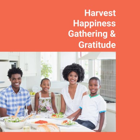 Photo for Harvest happiness gathering and gratitude text and african american family at thanksgiving. Thanksgiving, harvest festival, american tradition, family and autumn celebration digitally generated image. - Royalty Free Image