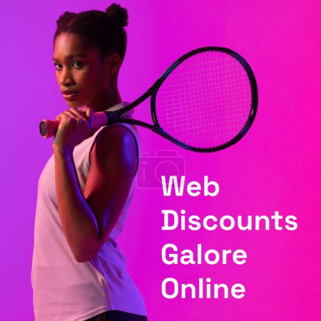Photo for Composite of web discounts galore online text over african american female tennis player. Cyber monday, online sales, shopping and retail concept digitally generated image. - Royalty Free Image