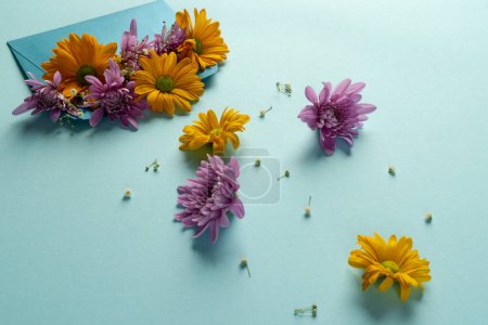 Foto de Flores rosas y amarillas en sobre azul y espacio para copiar sobre fondo azul. Concepto de flor, planta, forma, naturaleza y color. - Imagen libre de derechos
