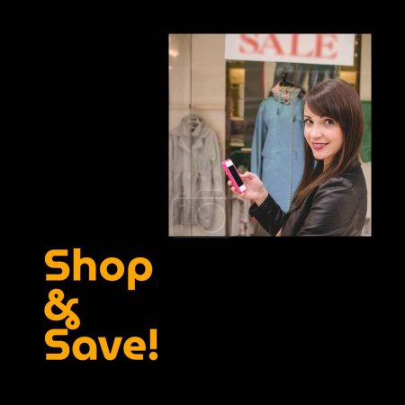 Téléchargez les photos : Magasinez et enregistrez du texte en orange avec une femme caucasienne souriante dans un magasin de vêtements sur fond noir. Vente au détail et concept de promotion de la vente aux entreprises image générée numériquement. - en image libre de droit