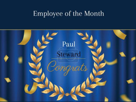 Photo for Employee of the month, congrats text with name on blue with gold confetti and laurel wreath. Business, employment, service, award and achievement certificate, digitally generated image. - Royalty Free Image