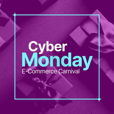 Photo for Composite of cyber monday text over gift boxes on purple background. Cyber monday, cyber shopping, retail and sales concept digitally generated image. - Royalty Free Image