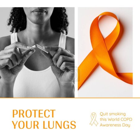 Photo for Composite of biracial woman breaking cigarette and orange awareness ribbon. Quit smoking this world copd awareness day, protect your lungs, lung disease, breathing, healthcare and prevention. - Royalty Free Image
