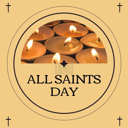 Photo for Composite of circle with lit candles and all saints day text and cross on beige background. Copy space, feast, christianity, tradition, honor and celebration concept. - Royalty Free Image