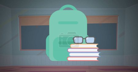 Photo for Composite of books and green school bag over blackboard background. School, education and learning concept digitally generated image. - Royalty Free Image