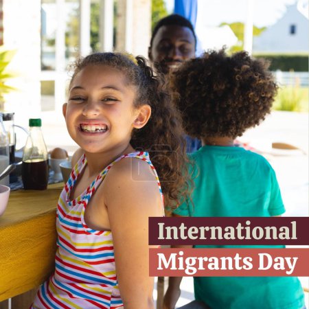Photo for Composite of international migrants day text over happy diverse girl with son and father. Family, love, together, childhood, refugee, freedom, promote, support and celebration concept. - Royalty Free Image