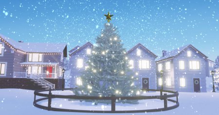 Photo for Image of snow falling over christmas tree with houses and winter landscape. Christmas, tradition and celebration concept digitally generated image. - Royalty Free Image