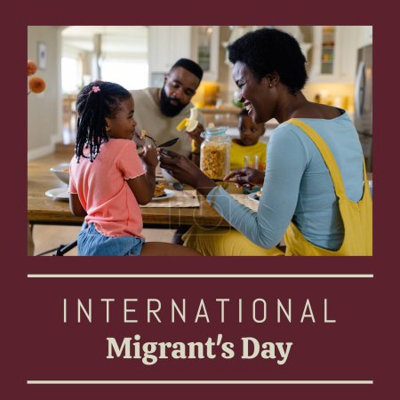 Téléchargez les photos : Texte composite de la journée internationale des migrants et mère afro-américaine nourrissant sa fille à la maison. Famille, amour, ensemble, enfance, petit déjeuner, réfugié, liberté, promouvoir, soutenir et célébrer. - en image libre de droit