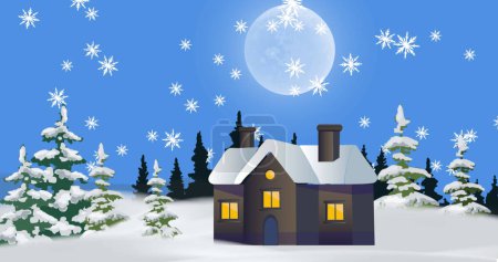 Téléchargez les photos : Composition de la neige tombant sur la maison et la pleine lune dans les paysages d'hiver. Noël, hiver et concept de célébration image générée numériquement. - en image libre de droit