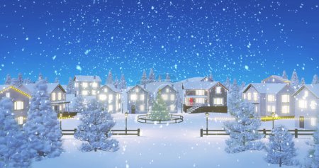 Photo for Image of snow falling over lit houses in winter scenery. Christmas, winter, festivity, tradition and celebration concept. - Royalty Free Image