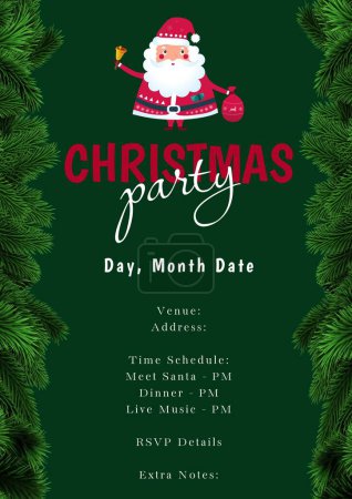 Photo for Christmas party with day, month, date, time, venue, address, rsvp details over santa claus, pinetree. Illustration, invitation card, holiday, celebration, festival, tradition, design, template. - Royalty Free Image