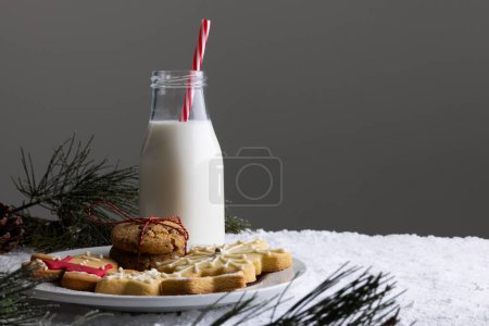 Téléchargez les photos : Bouteille de lait, biscuits de Noël et espace de copie sur fond gris. Bonbons, Noël, concept de tradition et de célébration. - en image libre de droit