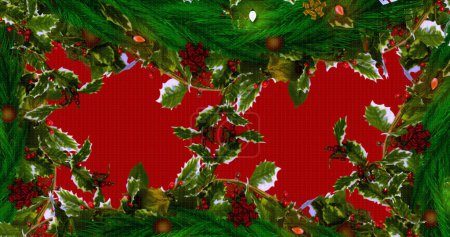 Photo for Composition of fir tree and holly decoration on red background. Christmas tradition and celebration concept digitally generated image. - Royalty Free Image