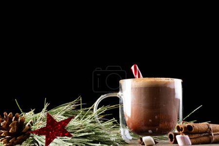 Téléchargez les photos : Image verticale de tasse en verre de chocolat et guimauves et décorations de Noël avec espace de copie. Noel, tradition et concept de célébration. - en image libre de droit