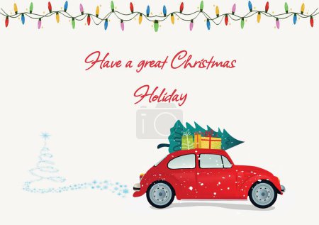 Foto de Ilustración de coche rojo con árbol de Navidad y luces de colores con tener unas grandes vacaciones de Navidad. Texto, festival, celebrar, tarjeta de despedida, tarjeta de felicitación, aspiraciones, plantilla, creativo, diseño. - Imagen libre de derechos
