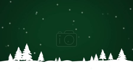 Photo for Composition of snow falling over christmas winter scenery with trees on green background. Christmas, festivity, celebration and tradition concept digitally generated image. - Royalty Free Image
