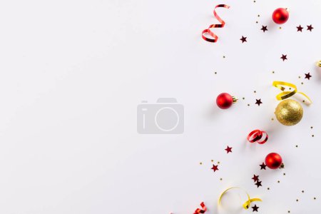 Photo for Christmas stars, baubles decorations with copy space on white background. Christmas, decorations, tradition and celebration concept. - Royalty Free Image
