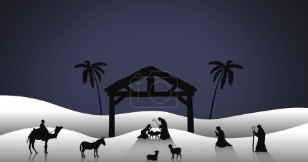 Photo for Composition of nativity scene on snow on blue background. Christmas tradition and celebration concept digitally generated image. - Royalty Free Image