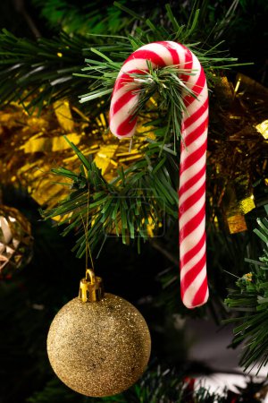 Photo for Vertical image of close up of christmas tree with candy cane, baubles, decorations and copy space. Christmas, tradition and celebration concept. - Royalty Free Image