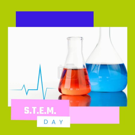 Photo for Composite of blue and red chemical in test tubes and flasks and stem day text on white background. Science, technology, engineering, mathematics, education, experiment, laboratory, liquid, celebrate. - Royalty Free Image