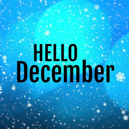Téléchargez les photos : Bonjour texte de décembre avec des flocons de neige de Noël tombant sur fond bleu bokeh. Célébration de l'hiver, salutation saisonnière et traditions de Noël, image générée numériquement. - en image libre de droit