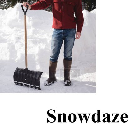 Photo for Composite of snowdaze text over caucasian man with shuffle in snow. Winter, christmas, seasons and celebration concept digitally generated image. - Royalty Free Image