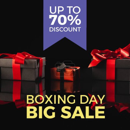 Photo for Composite of boxing day big sale, upto 70 percent off over gift boxes on black background. Copy space, red, shopping, sale, surprise, discount, marketing, template, design, retail, advertise concept. - Royalty Free Image
