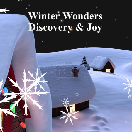 Téléchargez les photos : Composite de merveilles hivernales découverte et texte de joie sur les paysages d'hiver. Hiver, Noël, saisons et concept de célébration image générée numériquement. - en image libre de droit