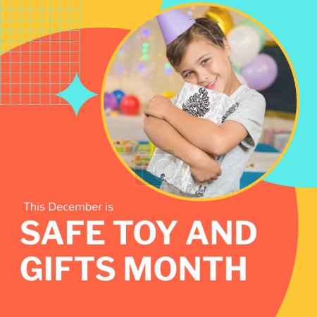Photo for Composite of safe toys and gifts month text over happy caucasian boy on orange background. Safe toys and gifts month, fun and childhood concept digitally generated image. - Royalty Free Image